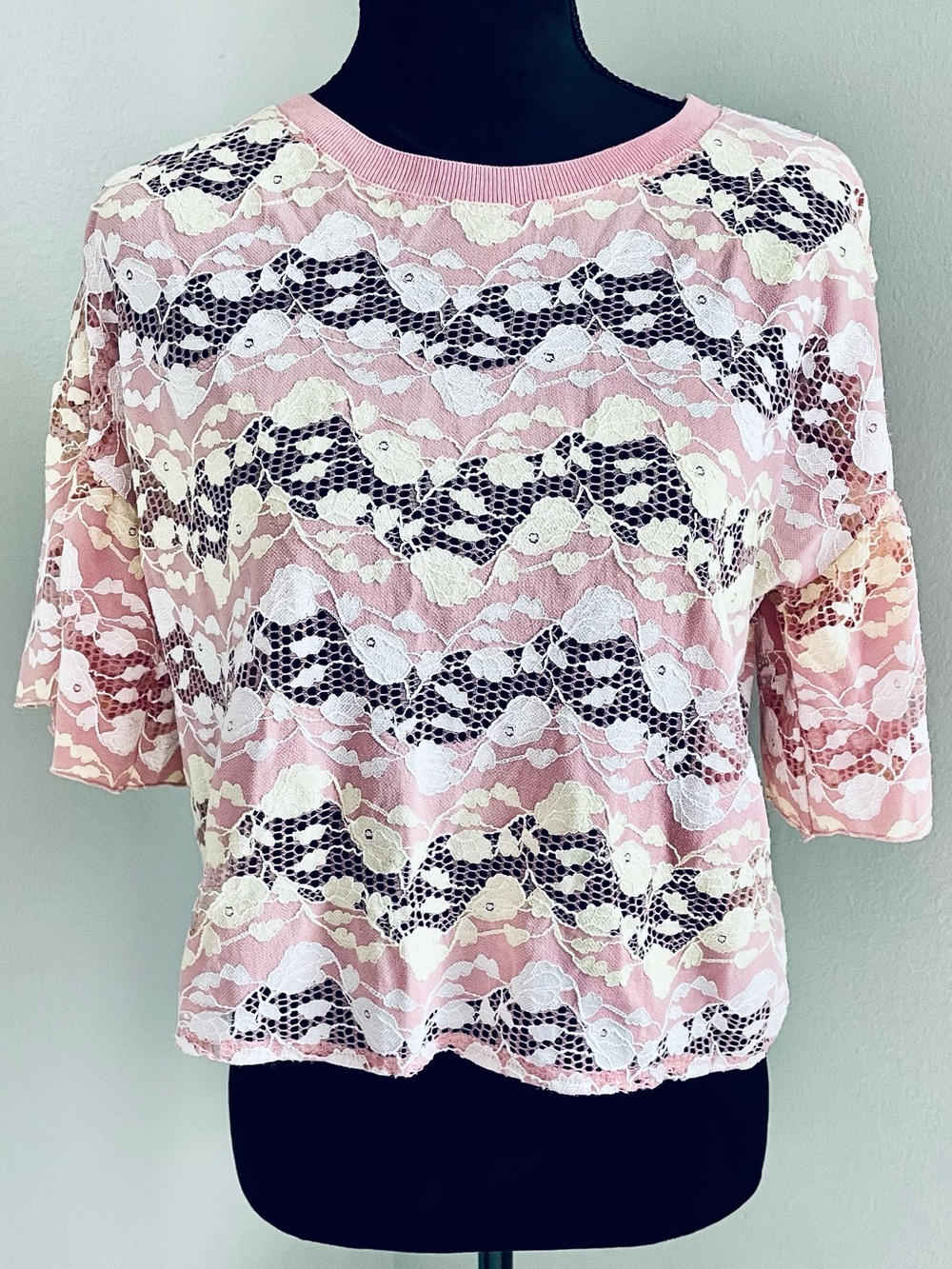 Zara Pink Lace Overlay Short Sleeve Blouse